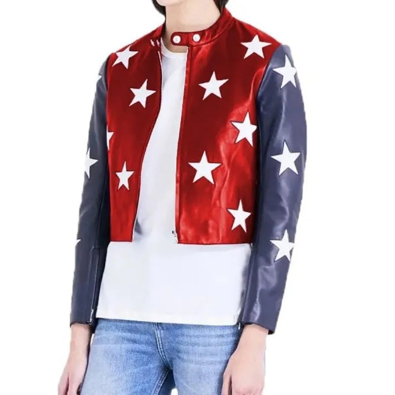 American Flag Cropped Leather Jacket for Women