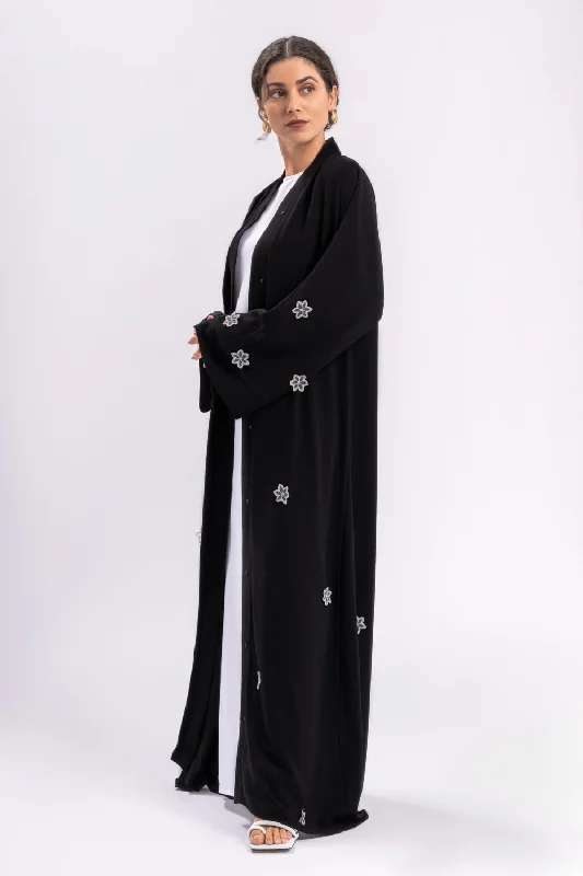 Black Floral Open Abaya