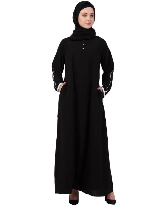 Muslim Contrast Piping at Sleeve Casual Abaya Black