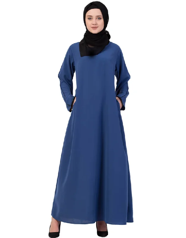 Islamic Contrast Piping at Sleeve Casual Abaya Blue