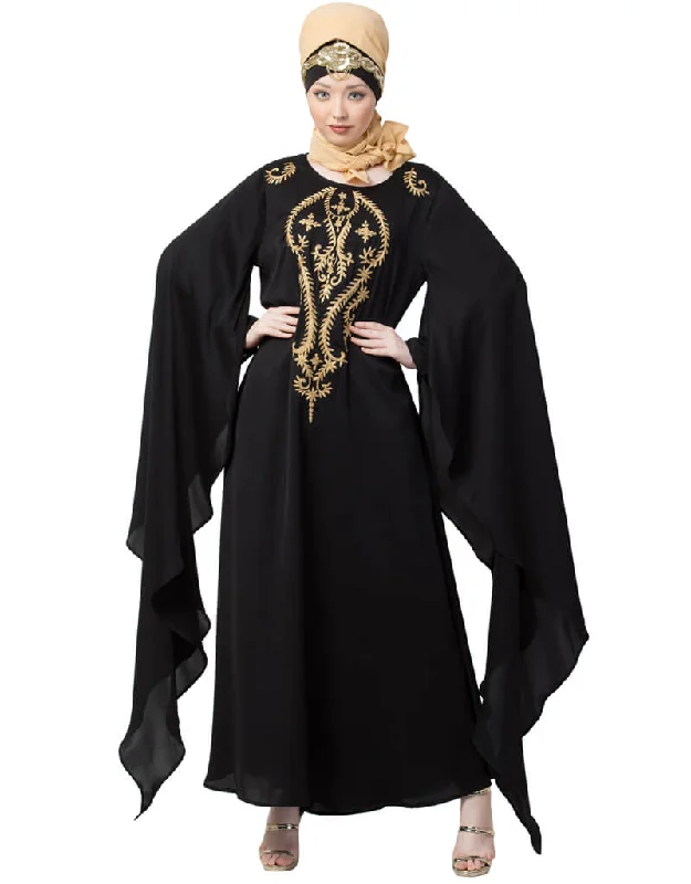 Muslimah Extra Long wings Sleeve embroidered Party abaya Gold