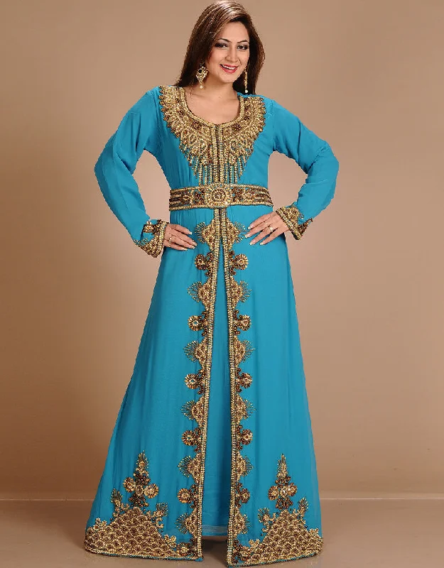 Dubai Firozi Blue Georgette Hand Embroidery Party Wear Kaftan