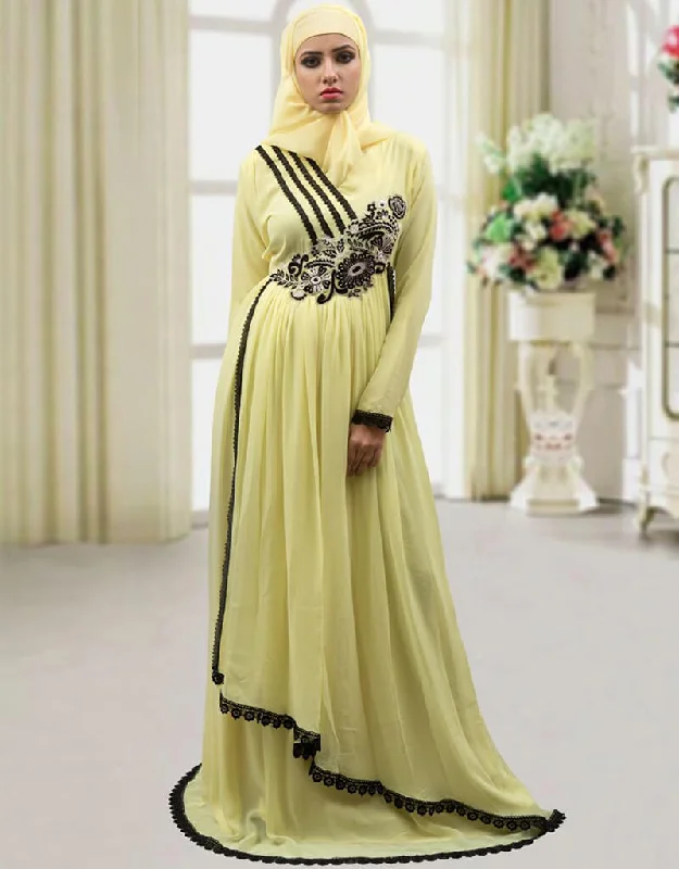 Women Lemon Yellow Georgette Hand Black Embroidery Kaftan