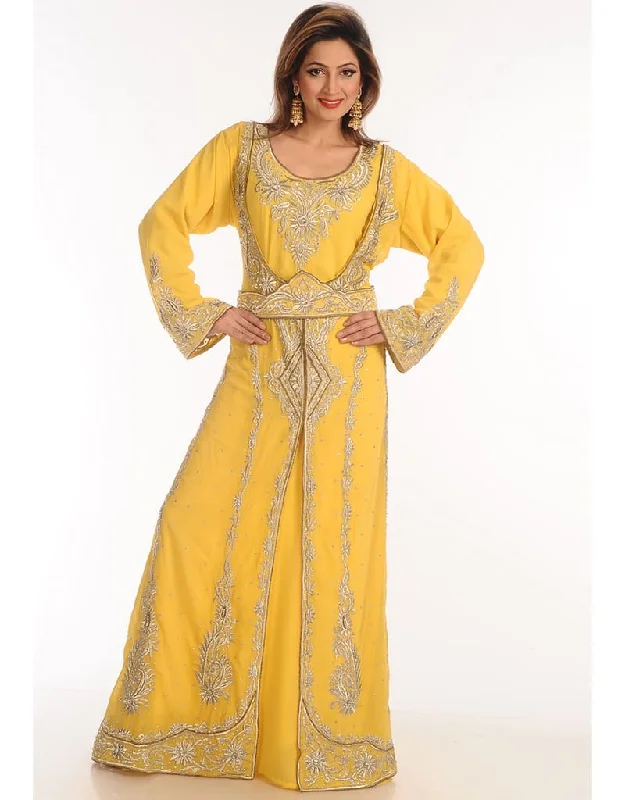 Dubai Yellow Georgette Hand Zari Embroidery Kaftan