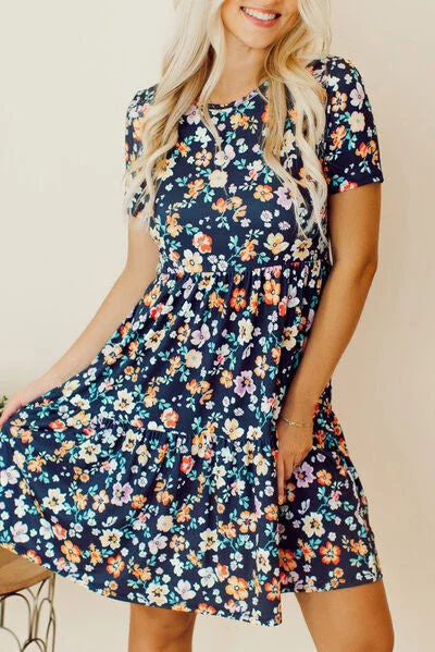 Blue Zone Planet |  Floral Round Neck Short Sleeve Mini Dress