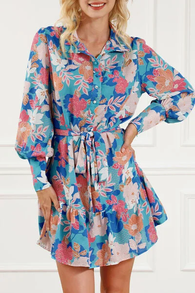 Blue Zone Planet |  Floral Tie Waist Lantern Sleeve Ruffled Hem Mini Dress