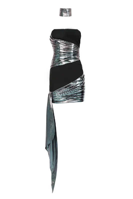 GLEAMING DRAPED METALLIC MINI DRESS