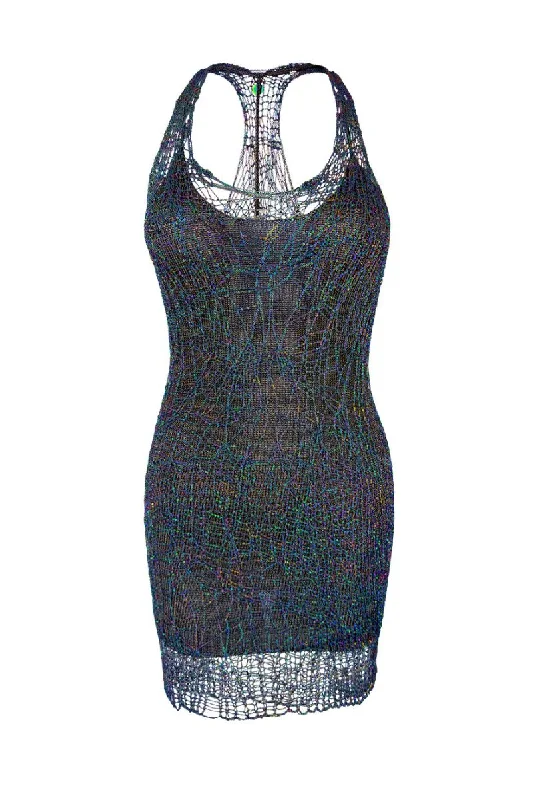 IRIDESCENT GUNMETAL CHAIN SPIDERWEB RACERBACK MINI DRESS