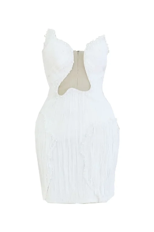 WHITE EMBELLISHED CUT-OUT A-LINE MINI DRESS