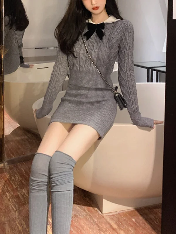 Zjkrl - Autumn Kawaii Knitted Two Piece Set Women Casual Bow Sweet Mini Skirt Suit Female Korean Fashion Warm Elegant Sweater Set