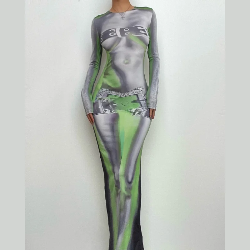 Long sleeve body print crewneck abstract contrast maxi dress