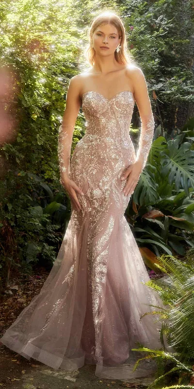 Andrea & Leo A1157 Long Rose-Tinted Glass Beaded Gown With Matching Gloves