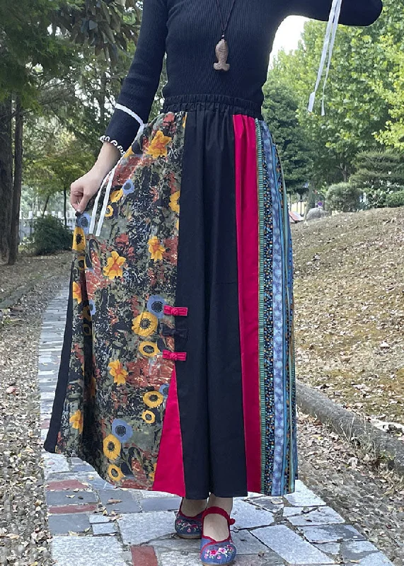 Loose Colorblock Wrinkled Print Chinese Button Patchwork Cotton Skirts Fall