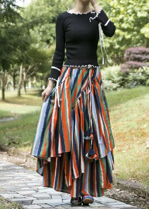 Organic Striped Wrinkled Asymmetrical Layered Patchwork Cotton Skirts Fall