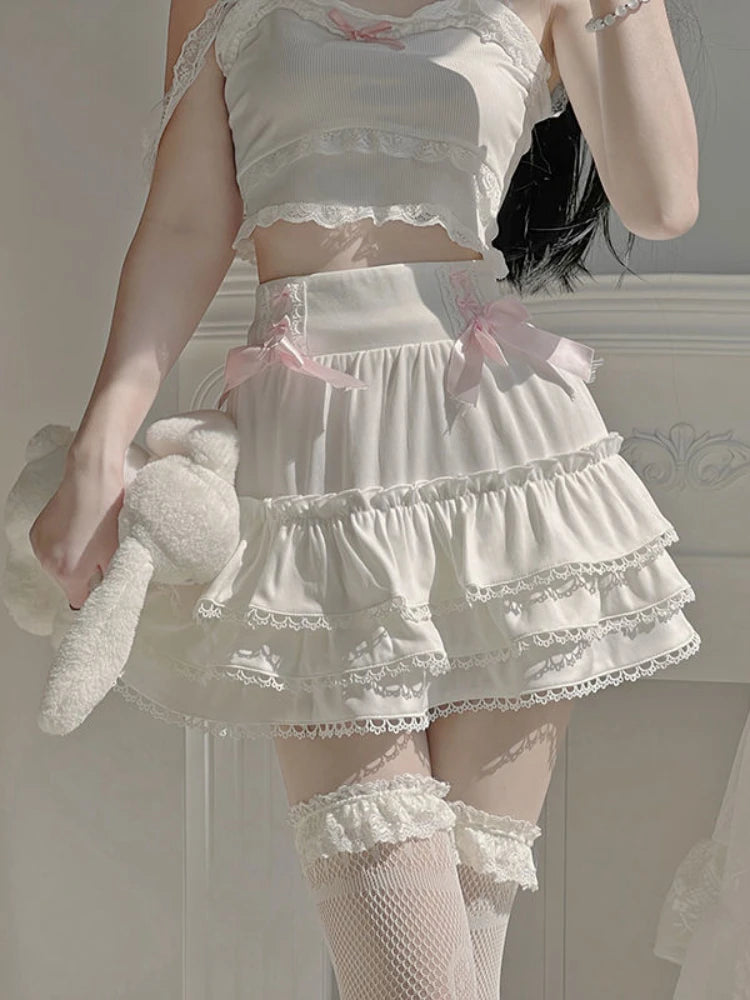 Znbbw Japanese White Lolita Cute Skirt Women Lace Bow Korean Kawaii Sweet Skirt High Waist Elegant Princess Fairy Skirts 2024