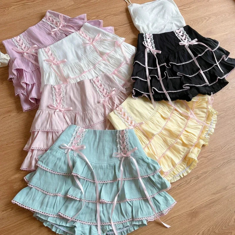 Znbbw Kawaii Lolita Style Pleated Skirts Women High Waist Pink Bandage Fairy Y2k Aesthetic Skirt Cute Faldas Mujer Moda 2024