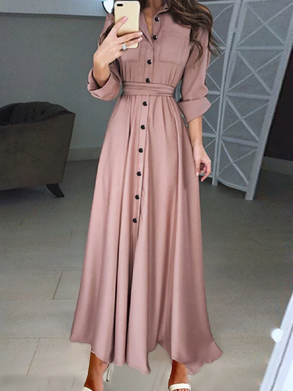 Nine 11 Button Front Shirt Dress, Casual Long Sleeve Dress For Spring & Fall, Women's Clothing