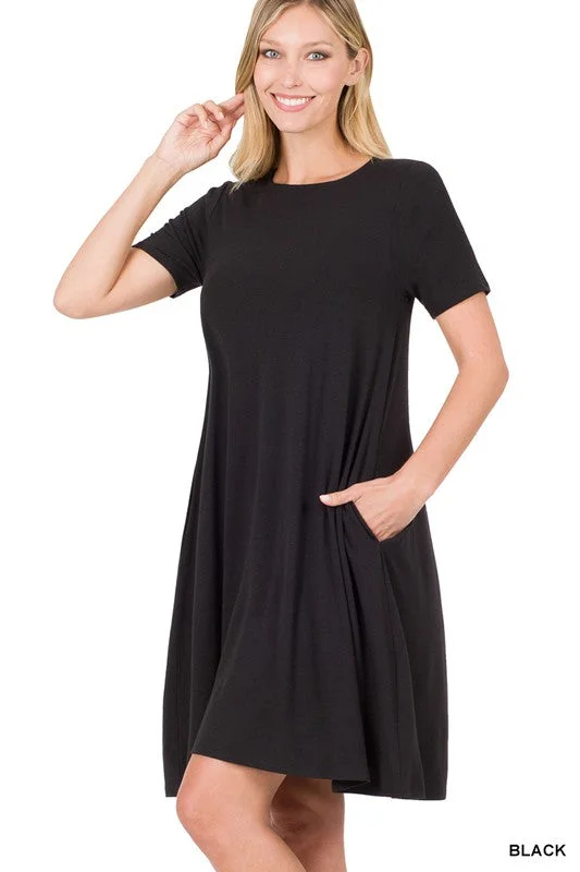 Short Sleeve T-Shirt Dress w/ Pockets - Black