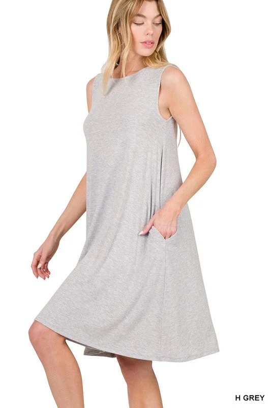 Sleeveless T-Shirt Dress w/ Pockets -Grey