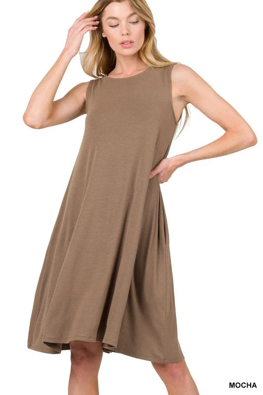 Sleeveless T-Shirt Dress w/ Pockets -Mocha