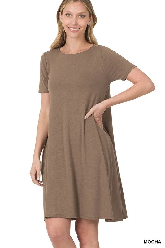 Short Sleeve T-Shirt Dress w/ Pockets - Mocha