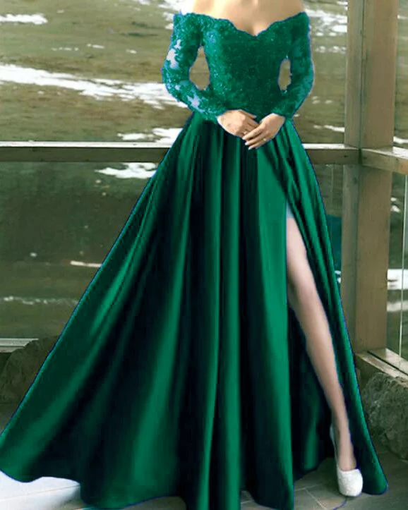 Emerald Green Long Sleeves Off The Shoulder Satin Lace Split Formal Dress Evening Gown PL10409